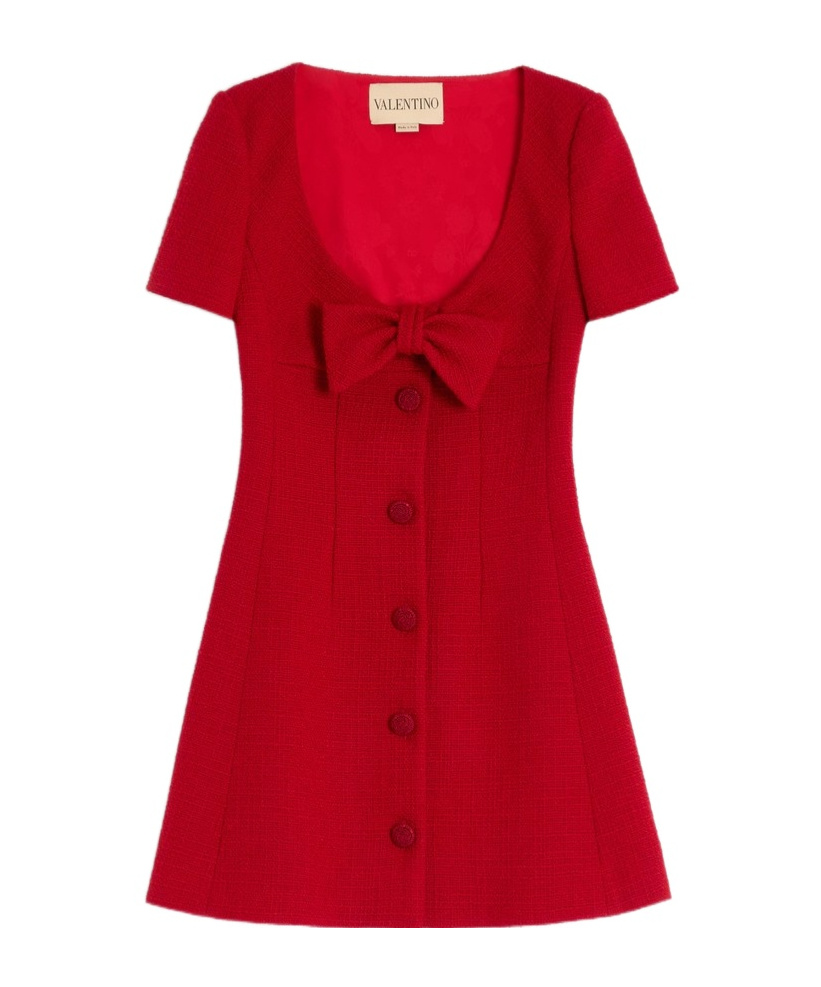 Valentino Bow-detailed Wool-blend Tweed Mini Dress In Red