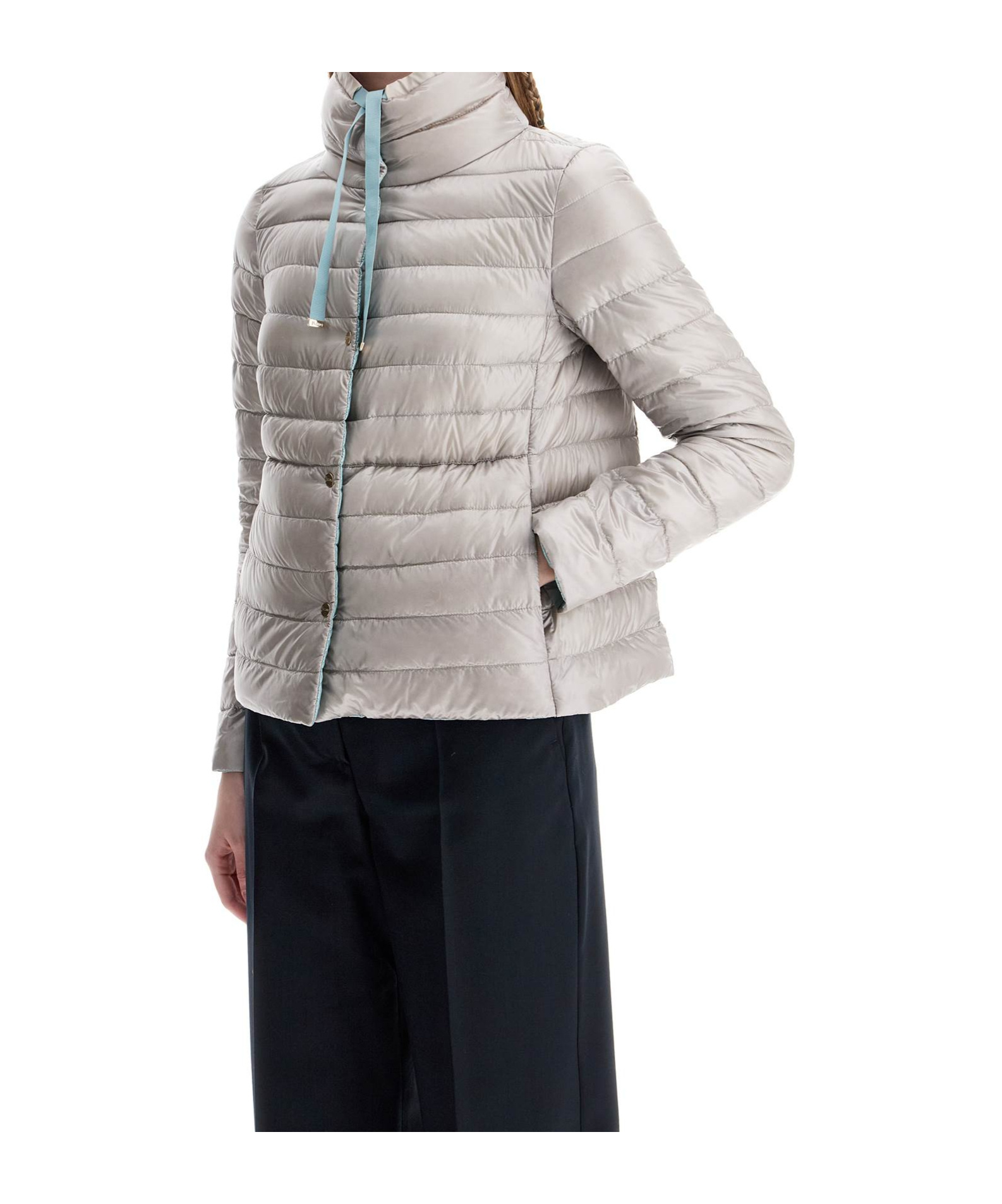 Herno Short Puffer Jacket In Ice Blue Nylon With Metal Buttons In Blue
