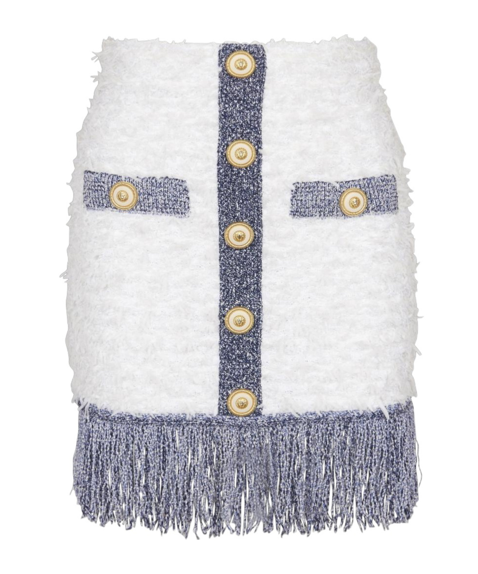 BALMAIN GLITTERED FRINGED TWEED SKIRT