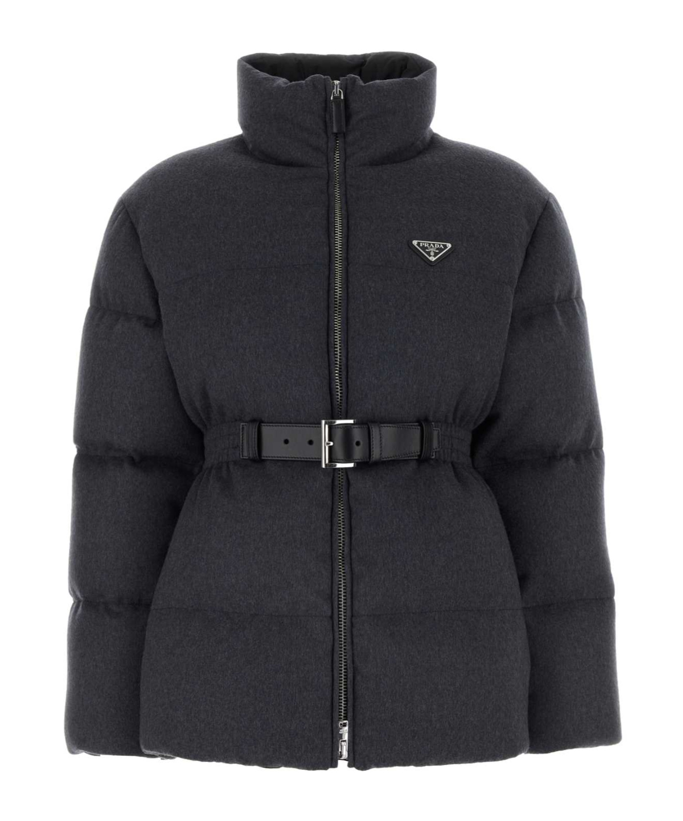 Prada Belted Puffer Jacket In Gray