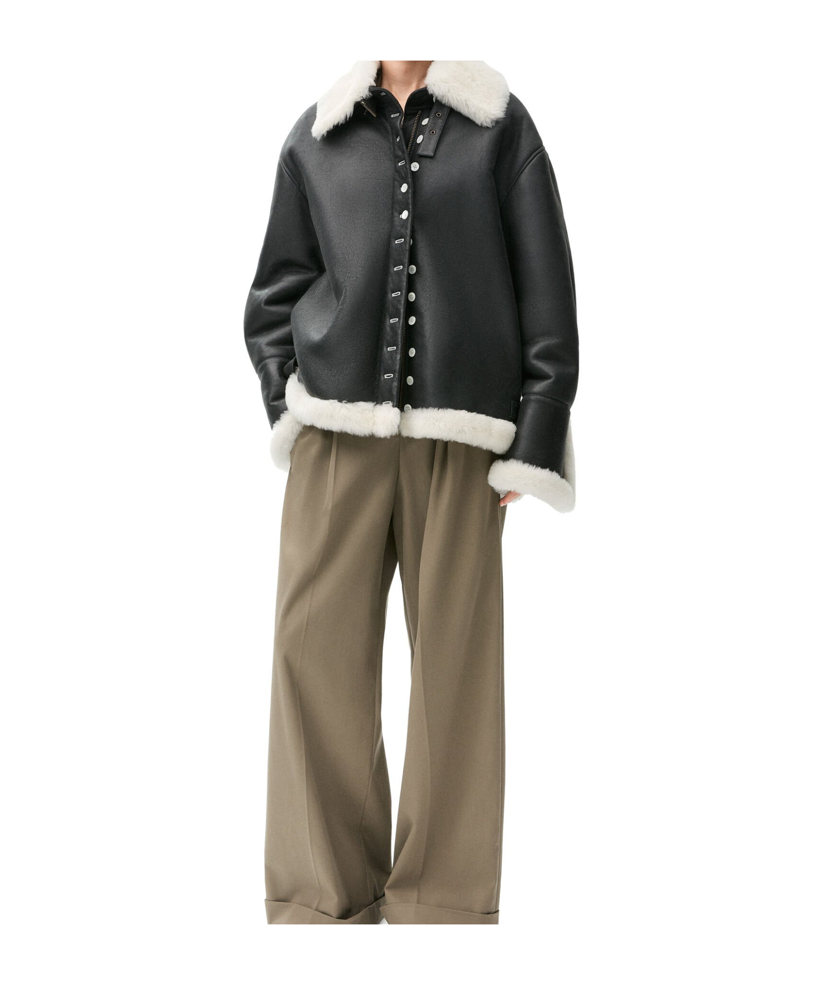 Loewe Buttoned Shearling Leather Jacket In Black
