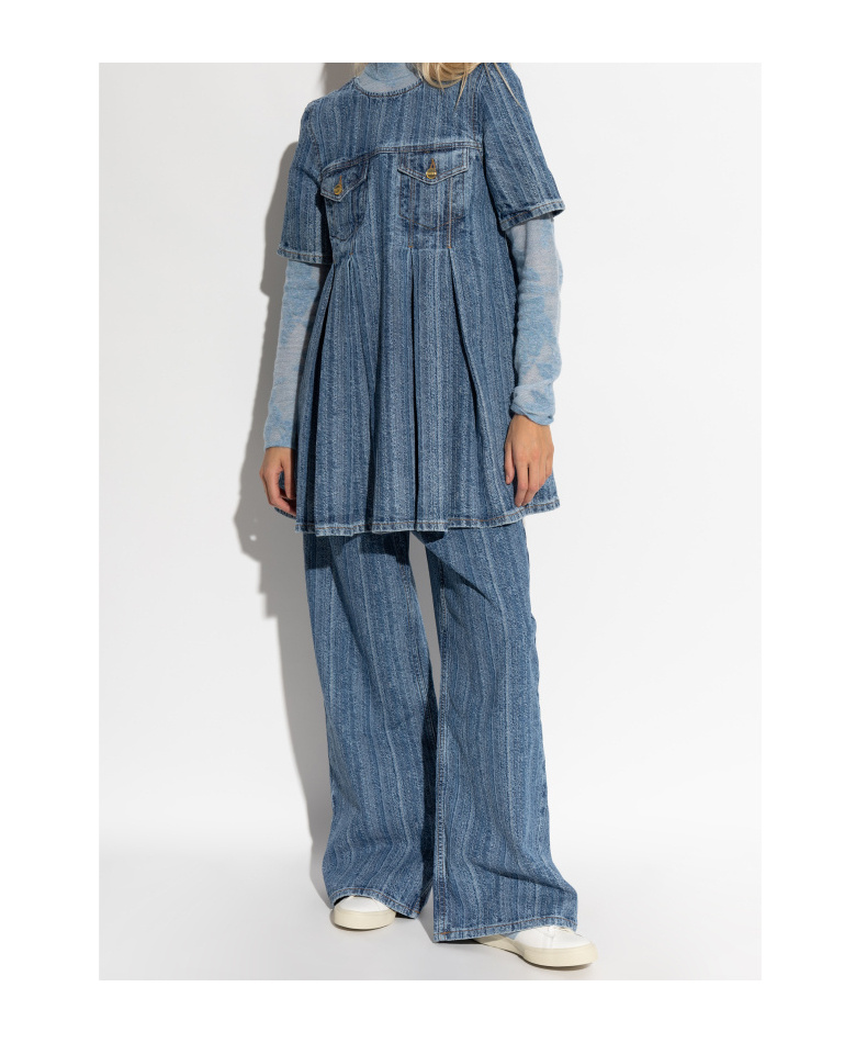 Ganni Short Sleeve Pleated Dress Pockets In Blue