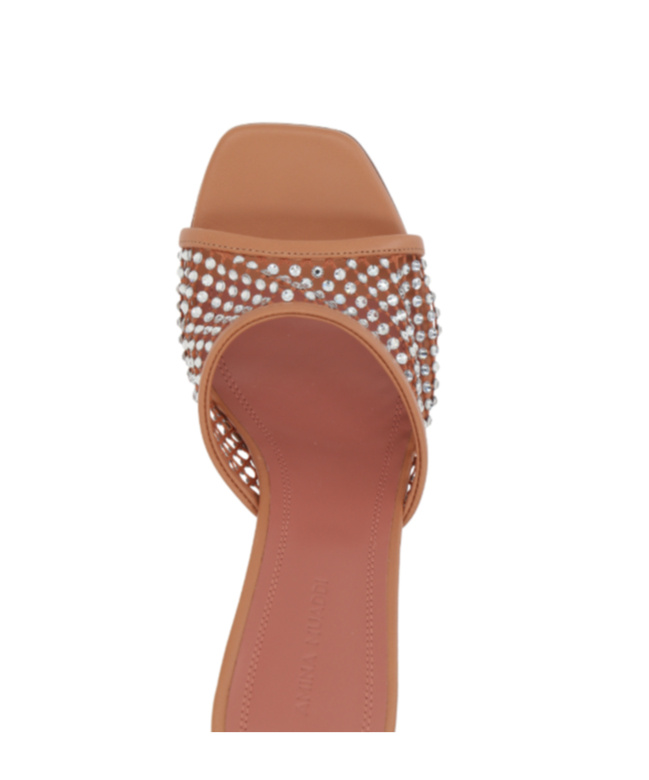 Amina Muaddi Tan Lupita Crystal Net Slipper Heeled Sandals