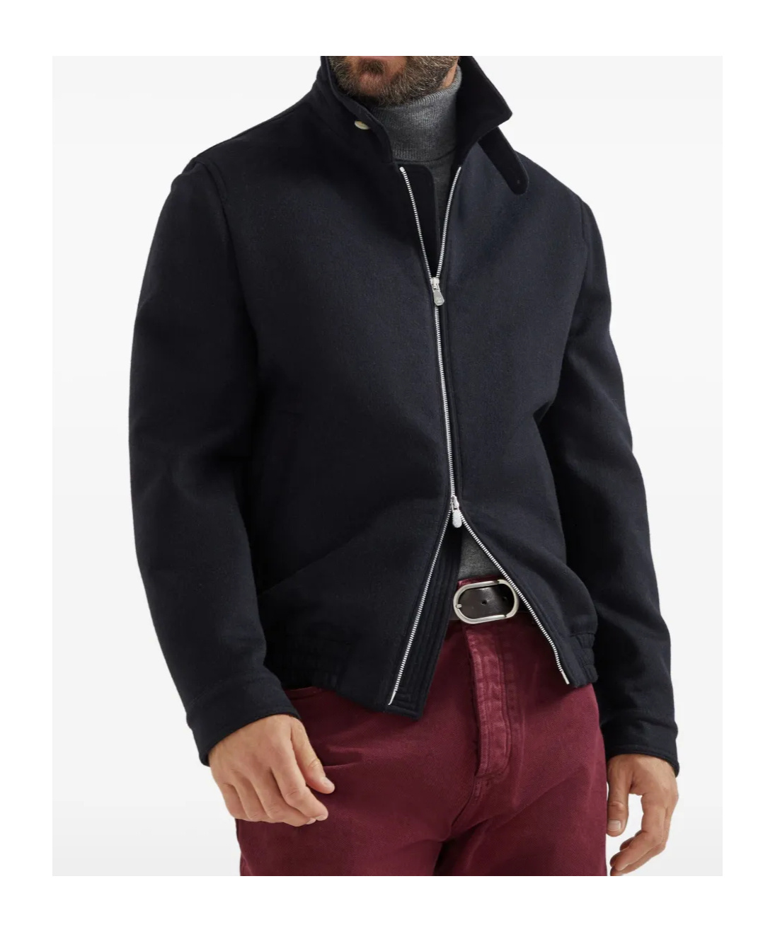 Brunello Cucinelli High Collar Wool Bomber Jacket In Black
