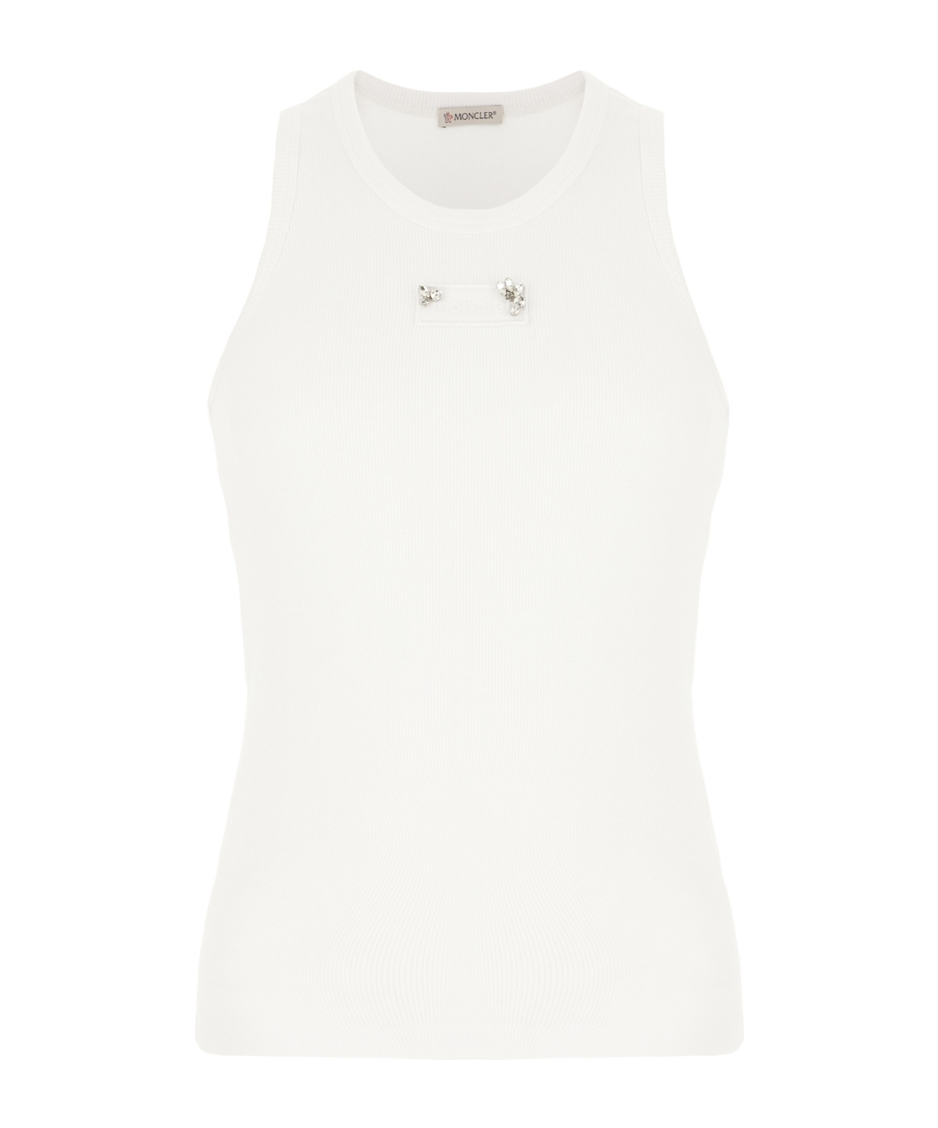 Moncler Cotton Top With Embellished Detail And Ribbed Texture In White