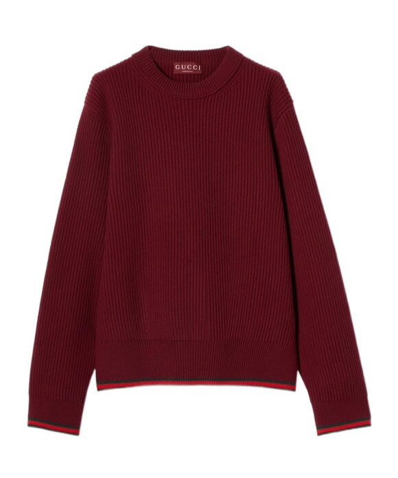 Gucci Red Crewneck Sweater With Web Detail In Ribbed Wool Blend Man In Brown