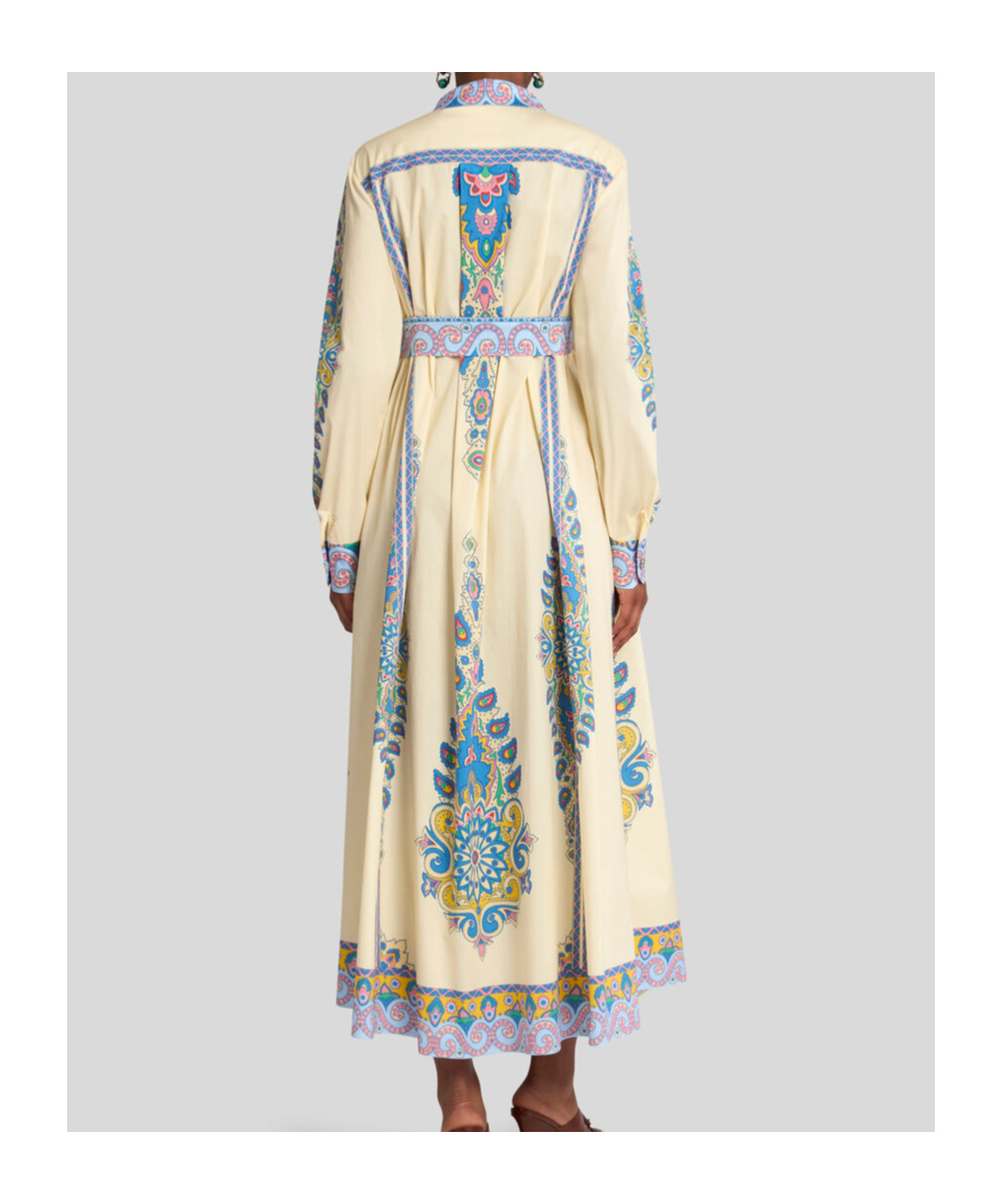 Etro Cotton Poplin Maxi Dress With Paisley Medallion And Contrasting Belt In Blue