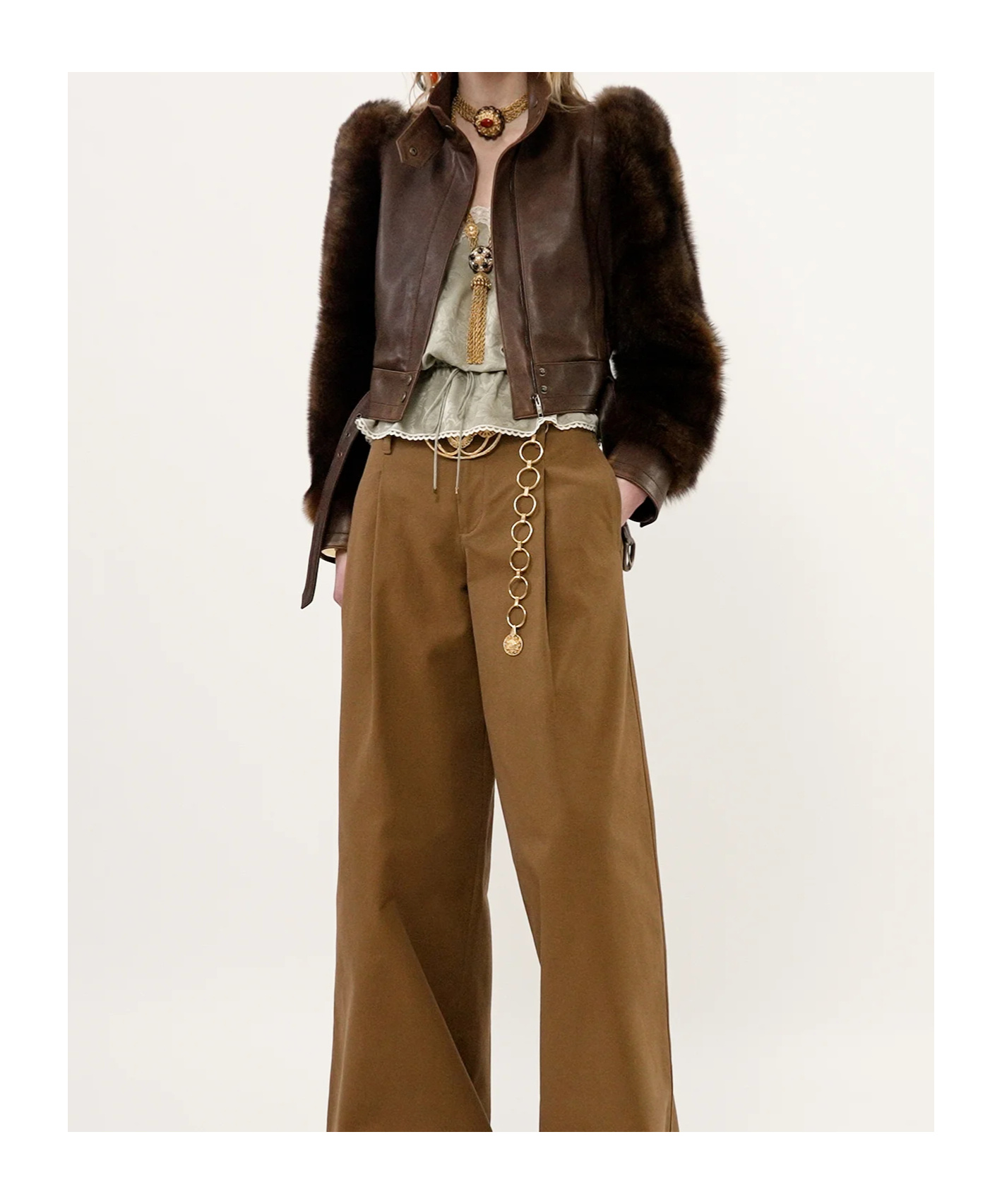 Chloé Leather Jacket With Belted Waist And Fur Sleeves In Brown