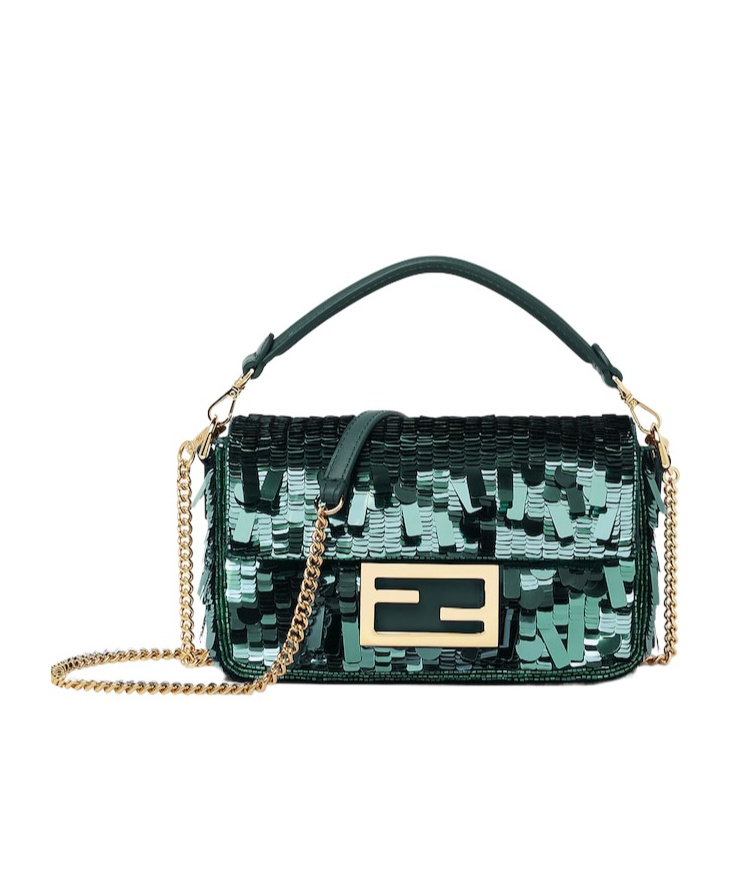 Fendi Mini Baguette Sequined Tote Bag In Green