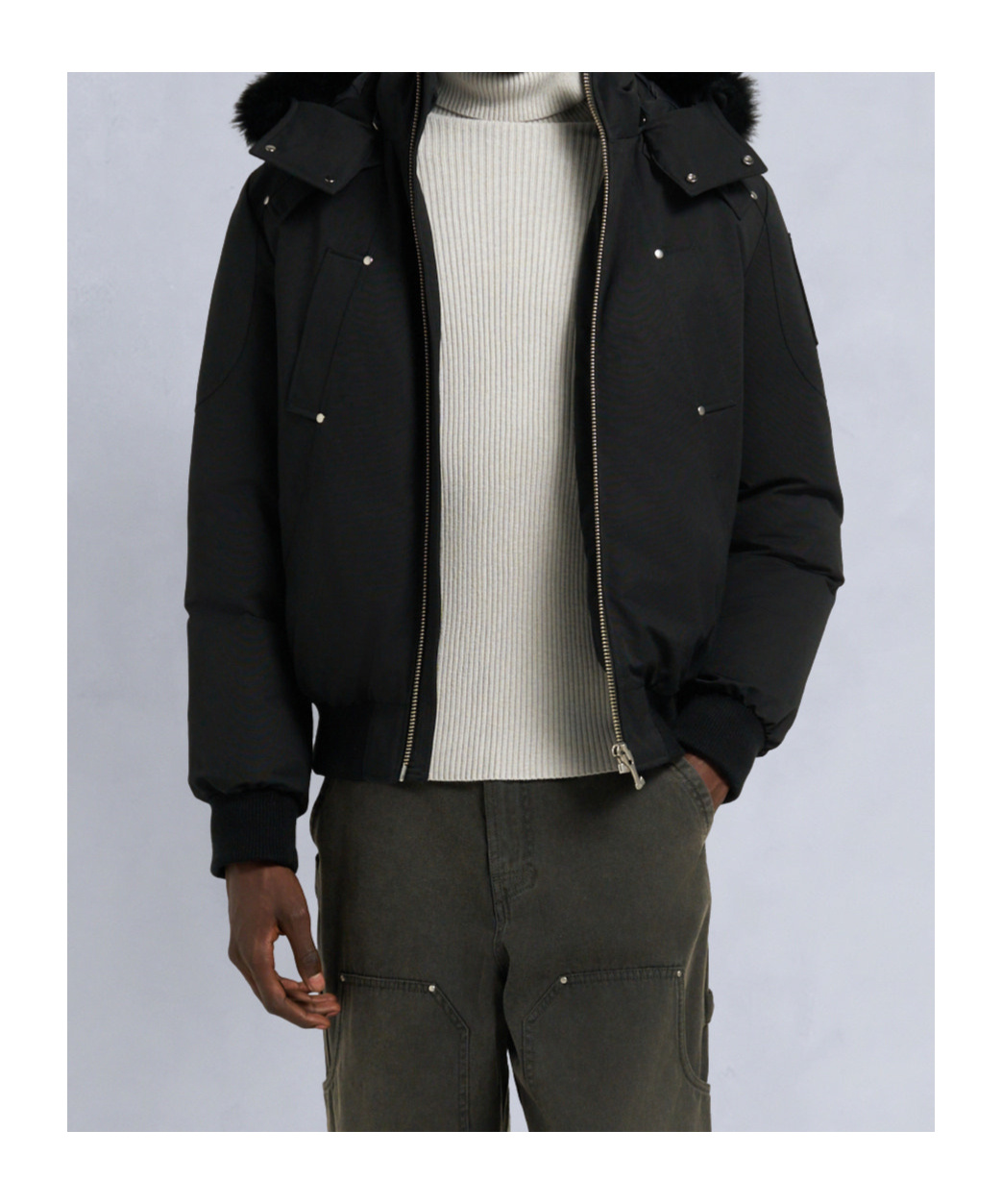 Moose Knuckles Shearling Trim Down Bomber Jacket In Black