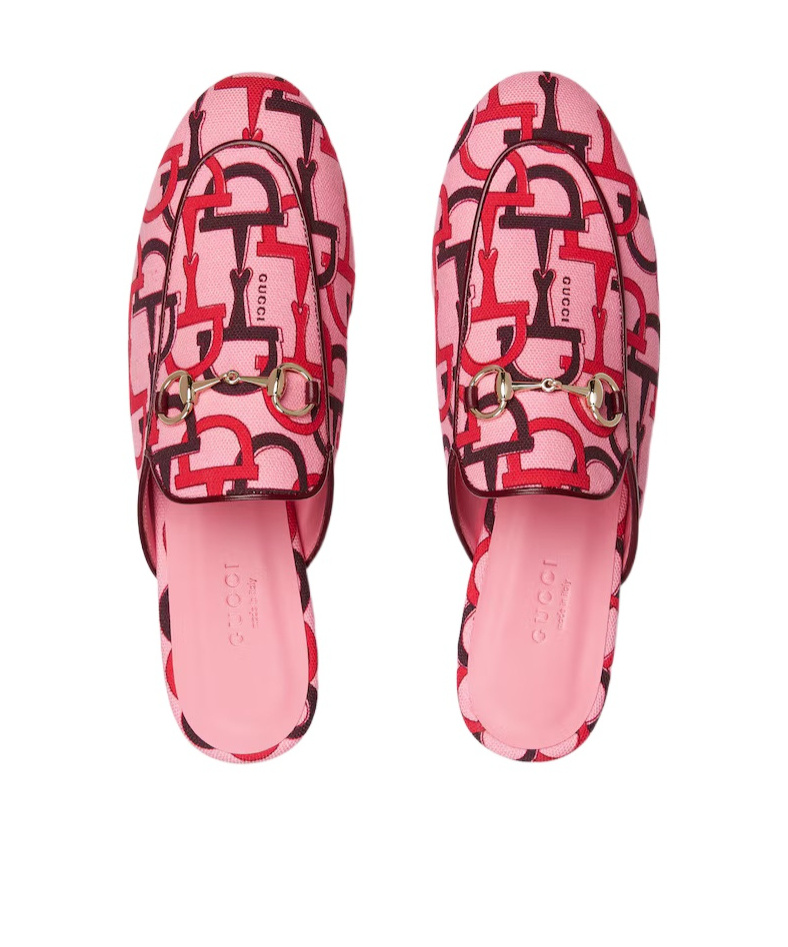 Gucci Princetown Horsebit Print Loafer Mules In Pink And Red