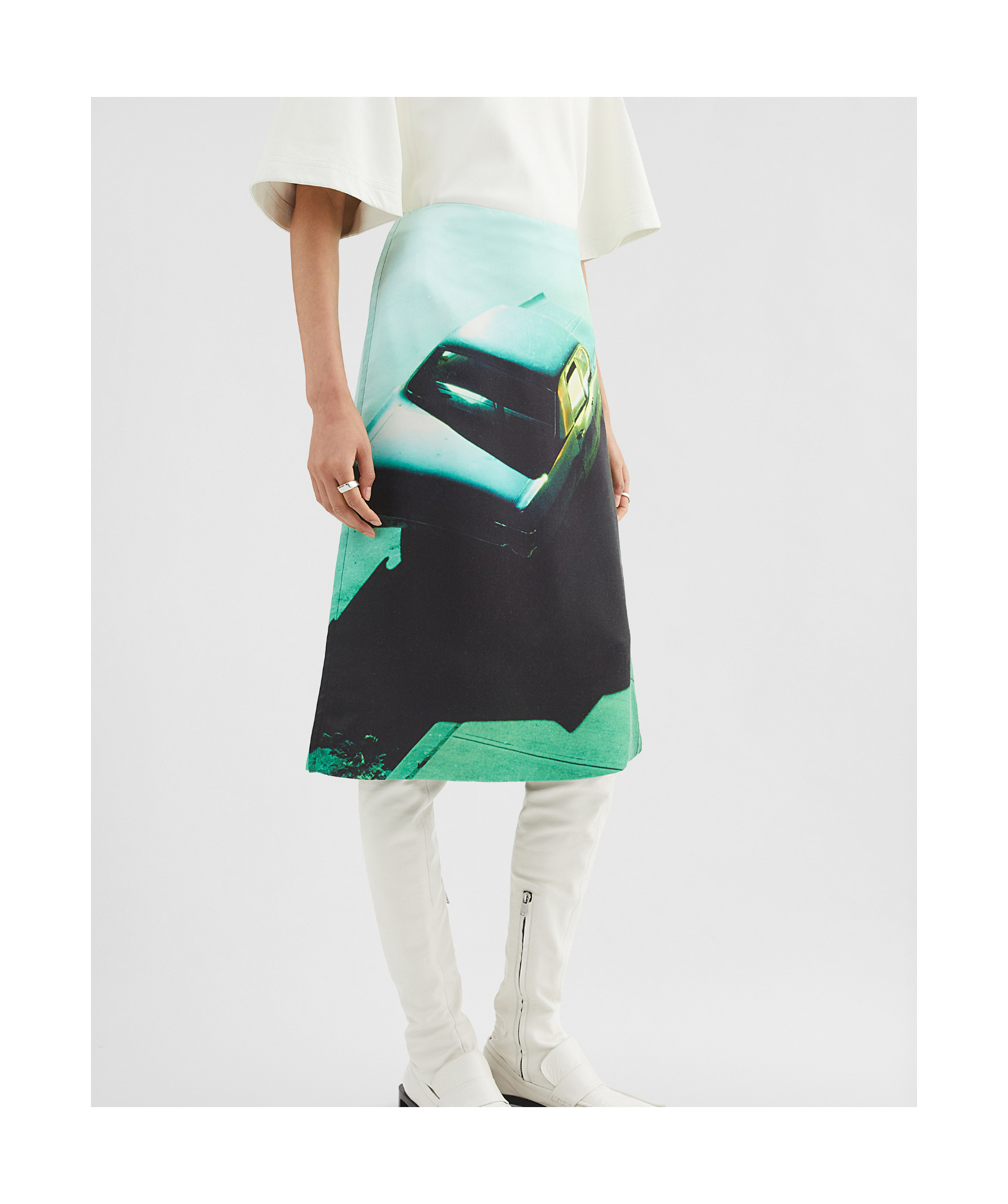 Jil Sander Knee-length Heavy Viscose Satin Printed Skirt In Black