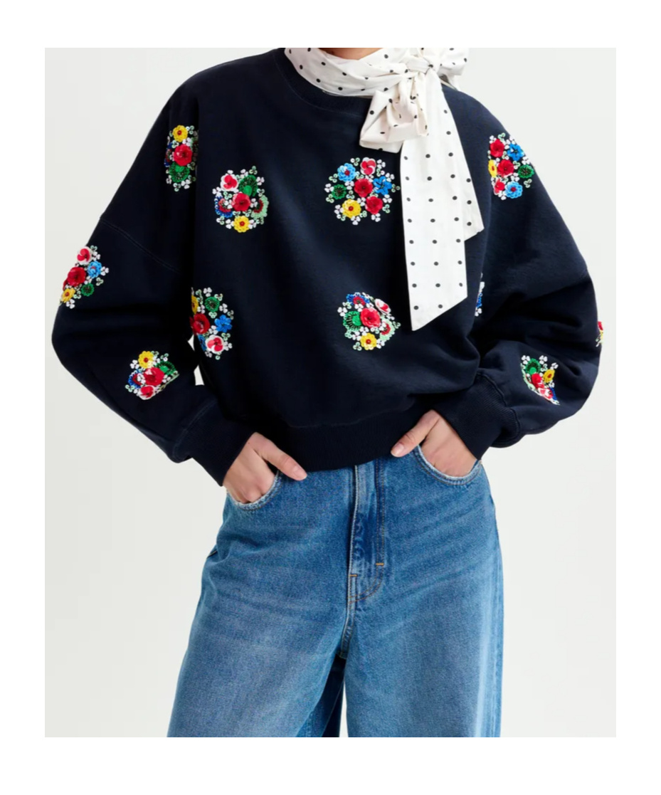 Essentiel Antwerp Navy And Multicolor Cotton Sweatshirt With Floral Sequin And Bead-embellished Embroideries In Black