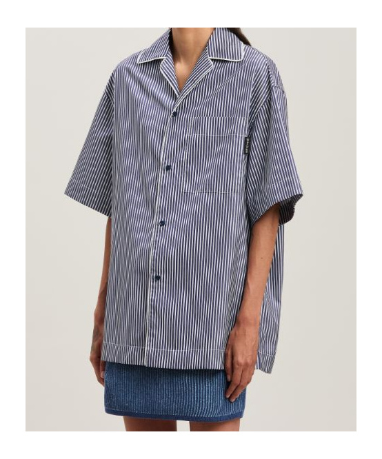 Palm Angels Navy Curved Logo Striped Shirt In Navy Blue