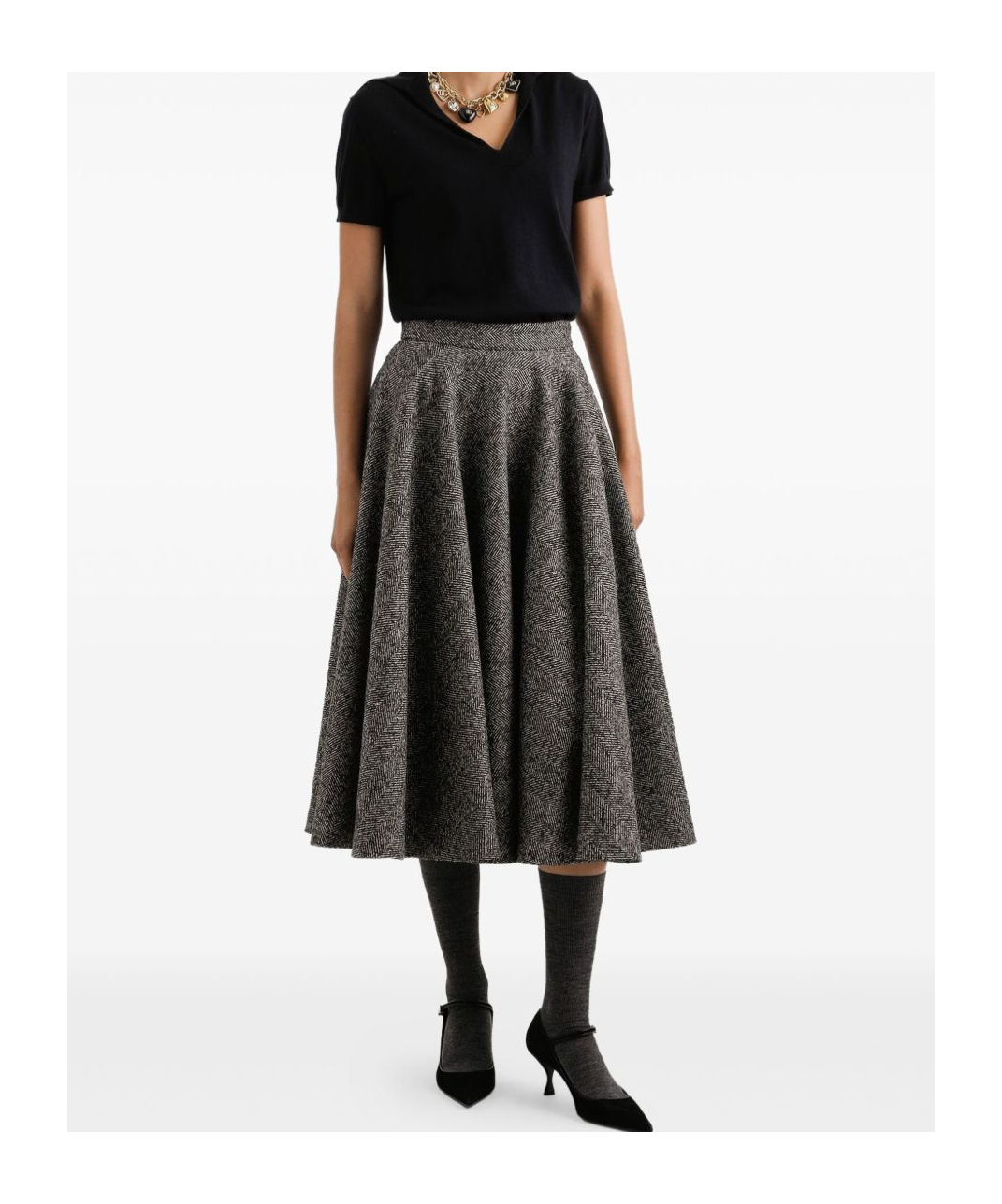 Dolce & Gabbana Midi Circle Skirt In A Dotted Wool Blend In Black