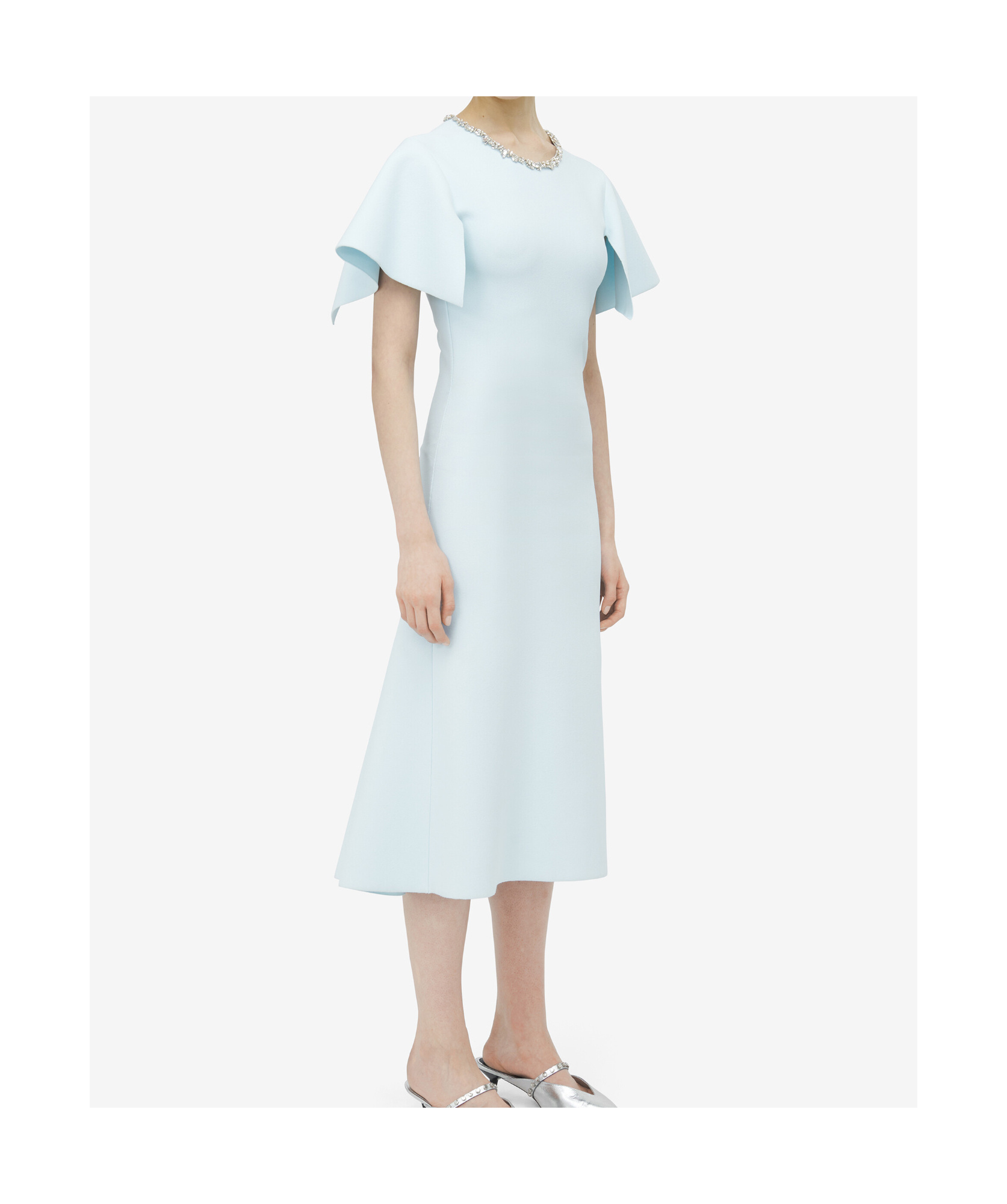 Alexander Mcqueen Crystal Neck Short-sleeve Knit Midi Dress In Blue