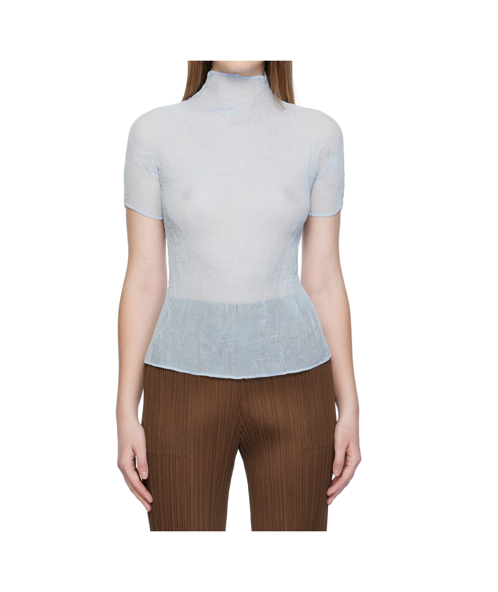 Issey Miyake Pleated High-neck Blouse In Blue