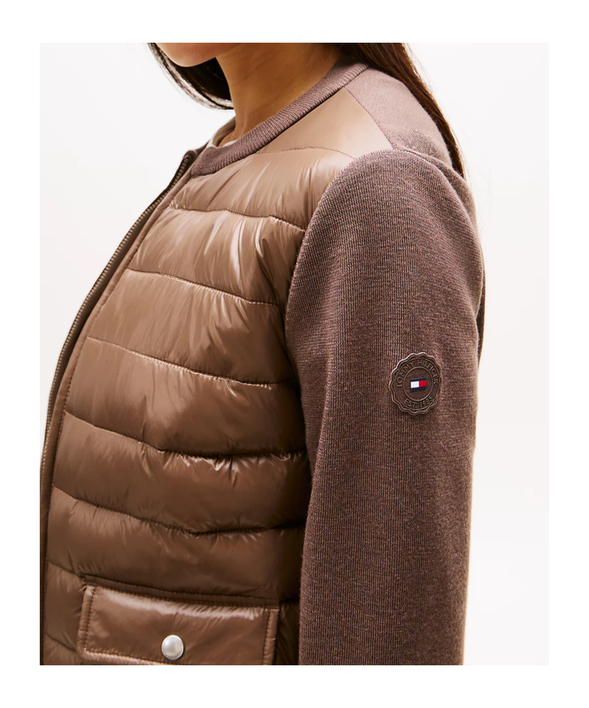 Tommy Hilfiger Knit Sleeve Ultra Light Padded Jacket In Brown