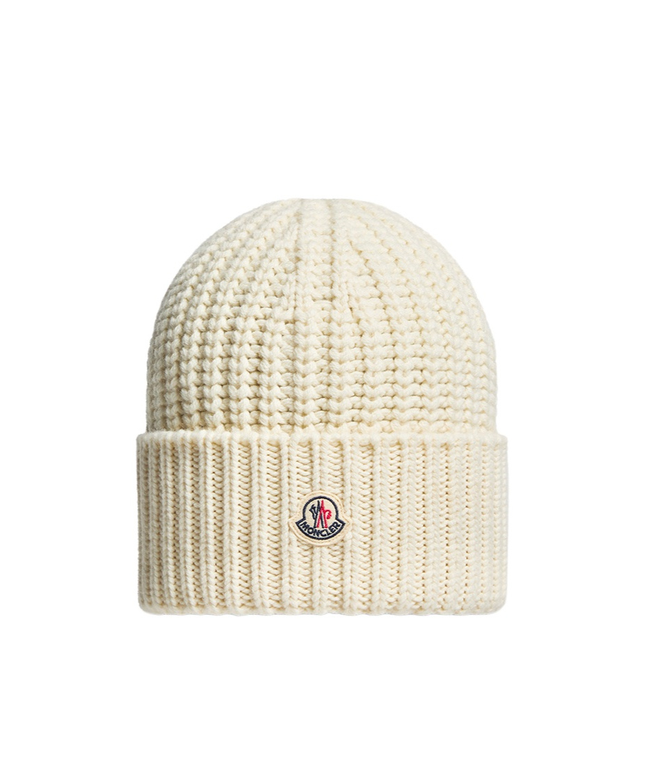 Moncler Ribbed Knit Beanie With Logo Detail In White
