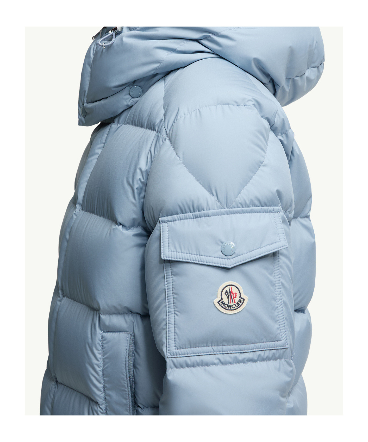 Moncler Long Little Down Jacket With Square Quilting And Hood In Blue