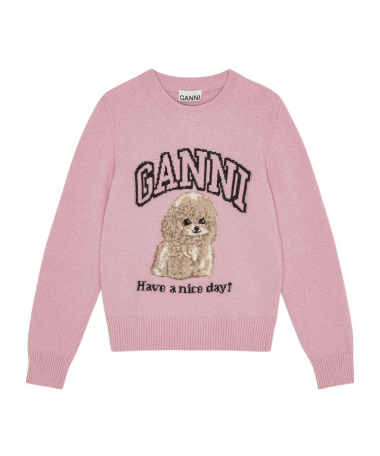 Ganni Womens Chalk Pink Poodle Logo-motif Wool-blend Knit Jumper Xs In Pink