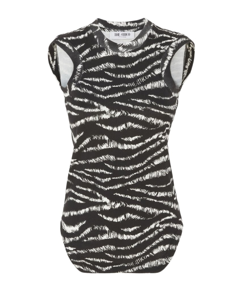 Attico Reese Zebra Print Cotton Tank Top In Black
