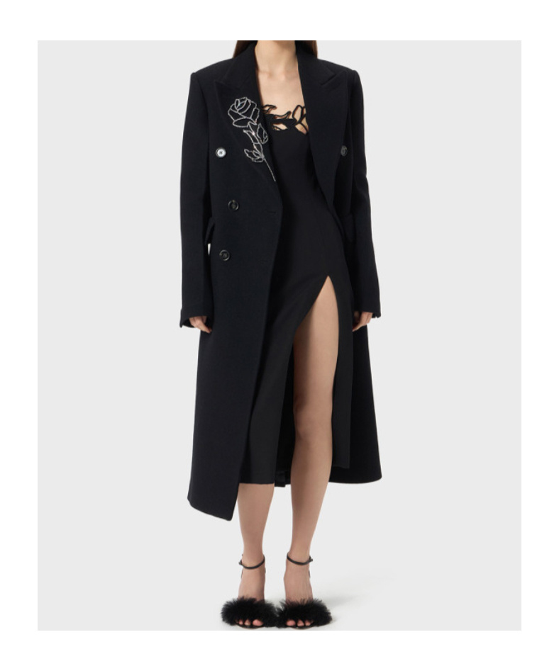 Blumarine Double-breasted Floral-embroidered Coat In Black