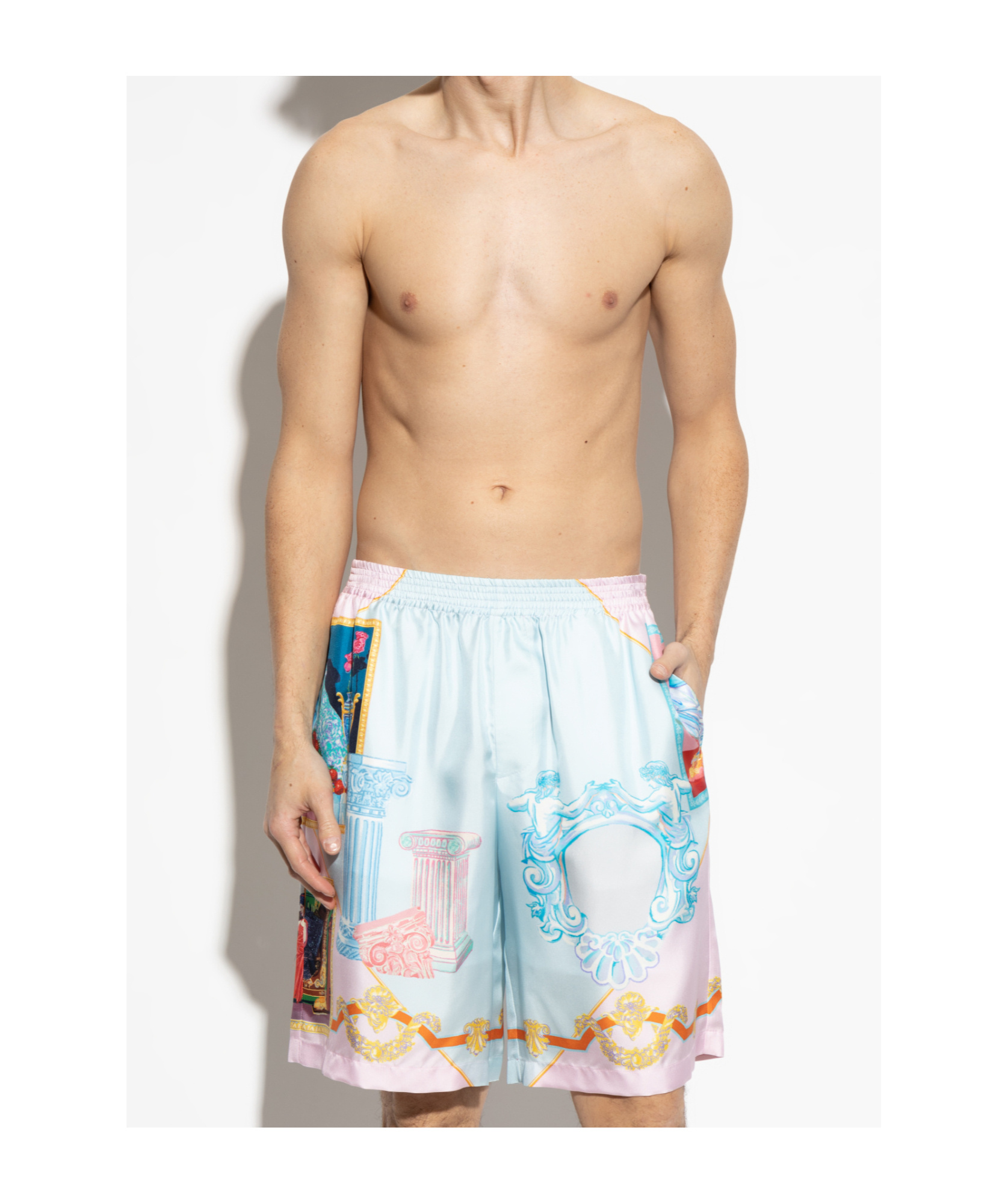 Versace Silk Twill Shorts With Vibrant Classical Motifs In Blue