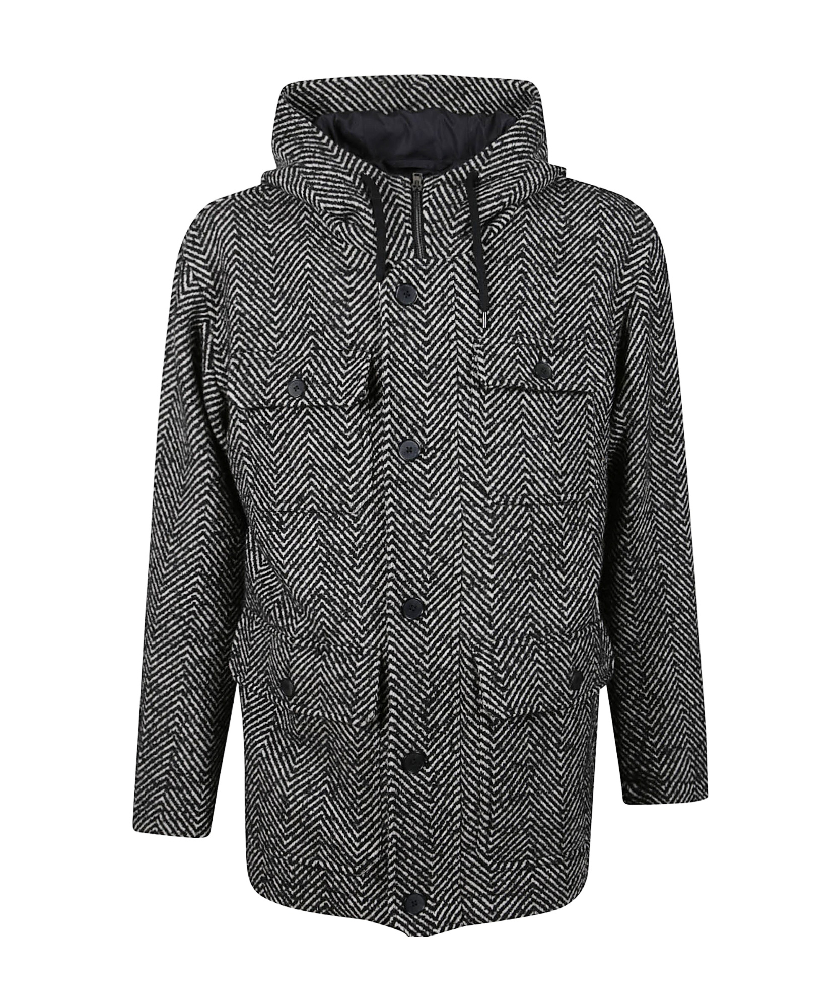 Herno Black Herringbone Pattern Coat With Structured Silhouette In Black