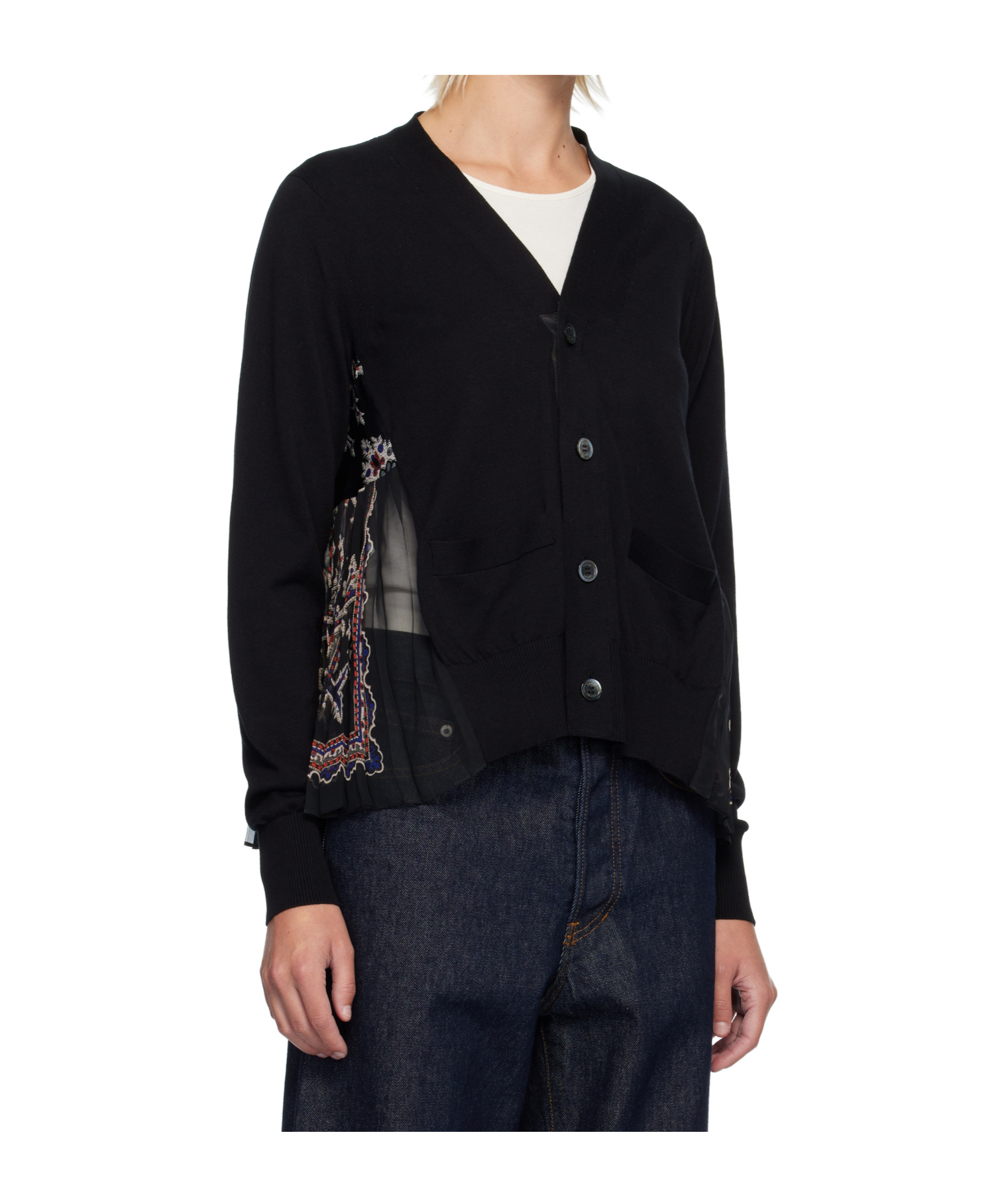 Sacai Printed Cotton Knit Cardigan In Black