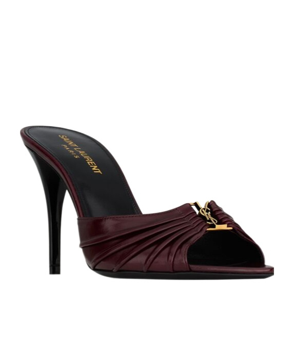 Saint Laurent Babylone Embellished Gathered Glossed-leather Mules In Bordeaux