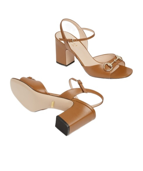 Gucci Leather Block Heel Sandals With Gold-tone Hardware In Brown