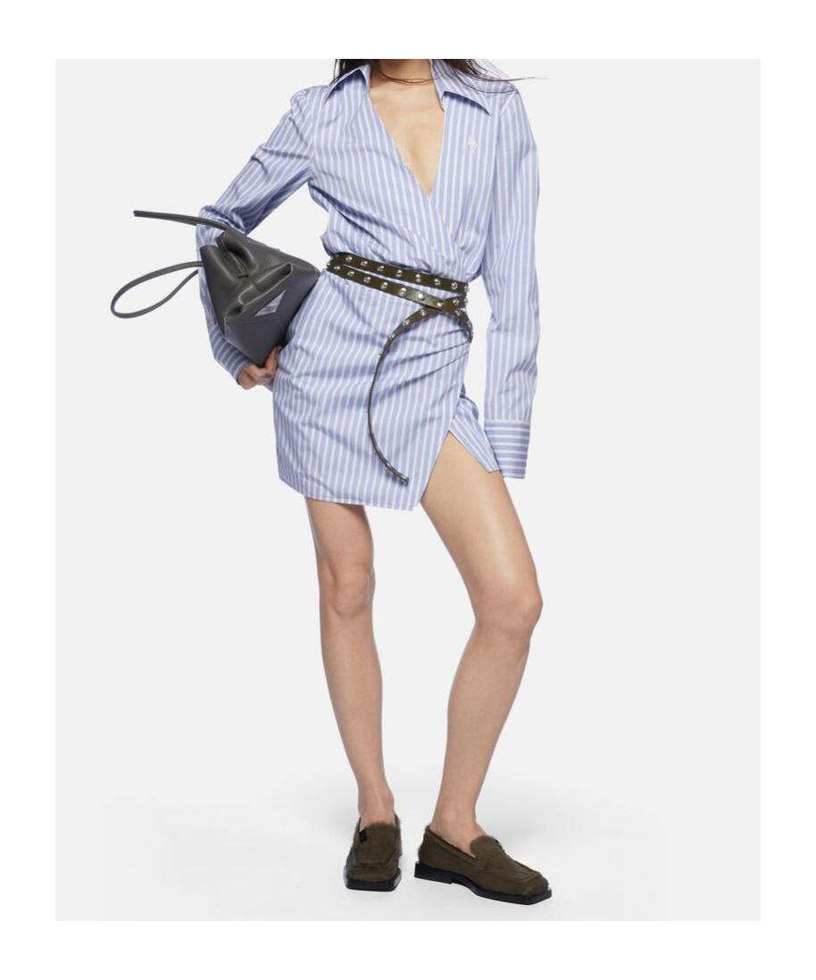 Attico Mini Striped Dress With V-neck, Long Sleeves, White And Navy Blue Cotton, Tied Waist In Blue