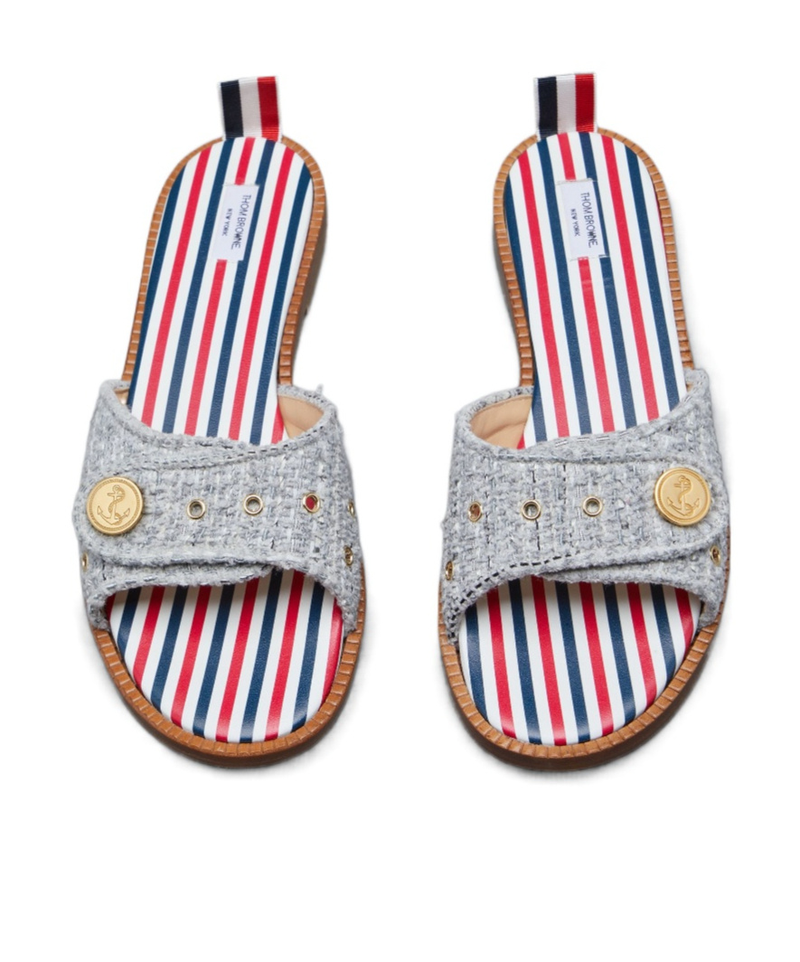 Shop Thom Browne Embossed-button Tweed Flat Sandals In Gray