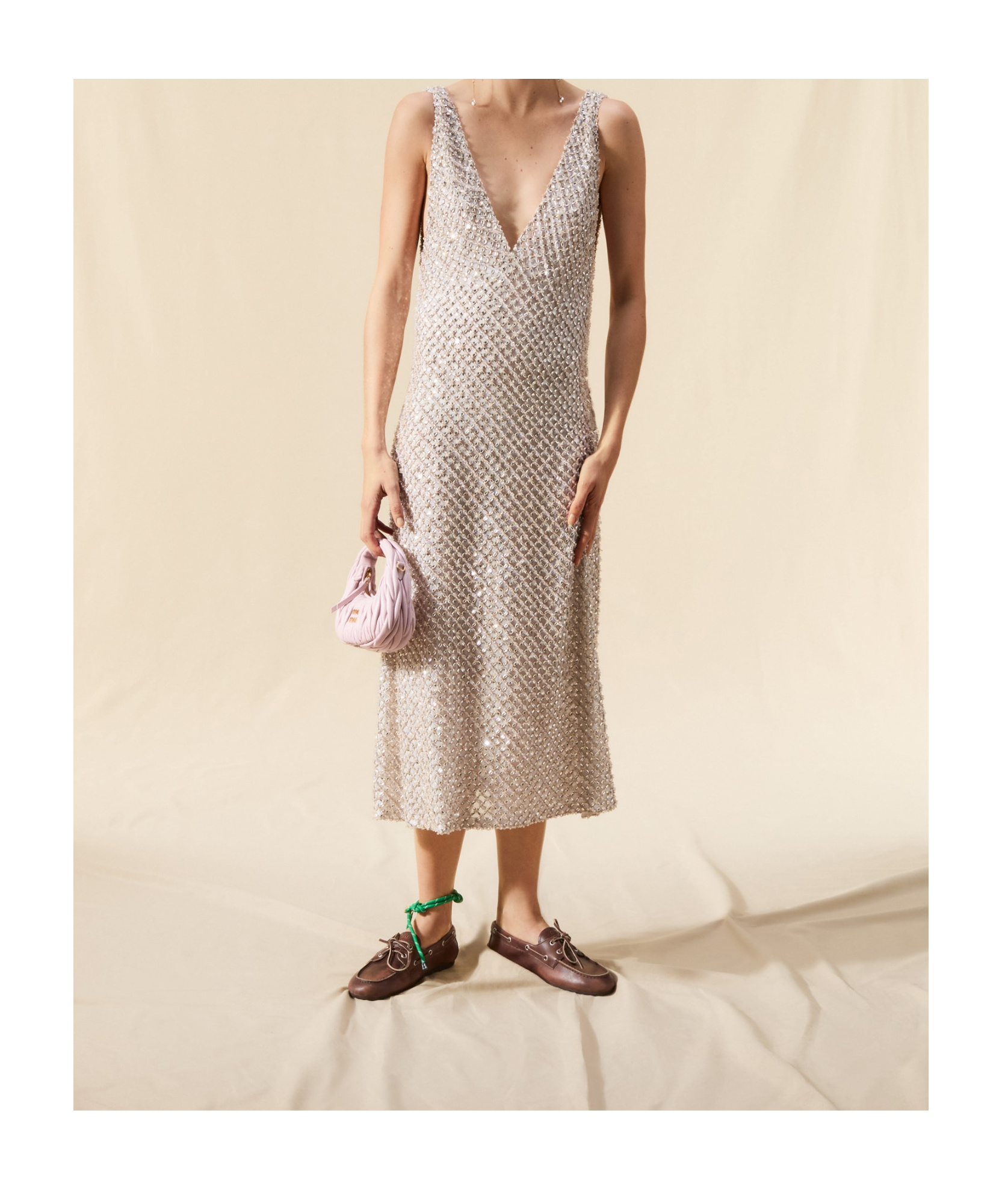 Miu Miu Embellished Midi Chiffon Dress In Nude