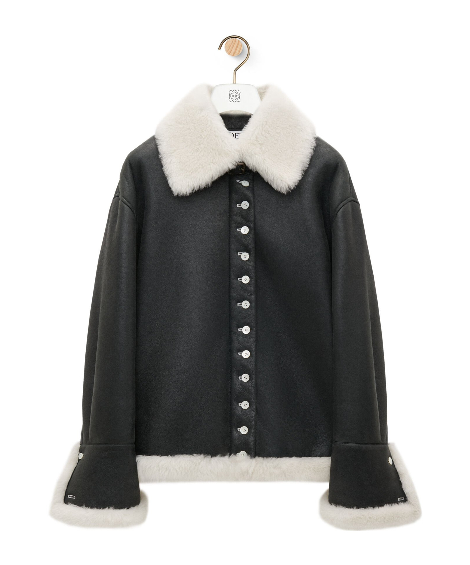 Loewe Buttoned Shearling Leather Jacket In Black