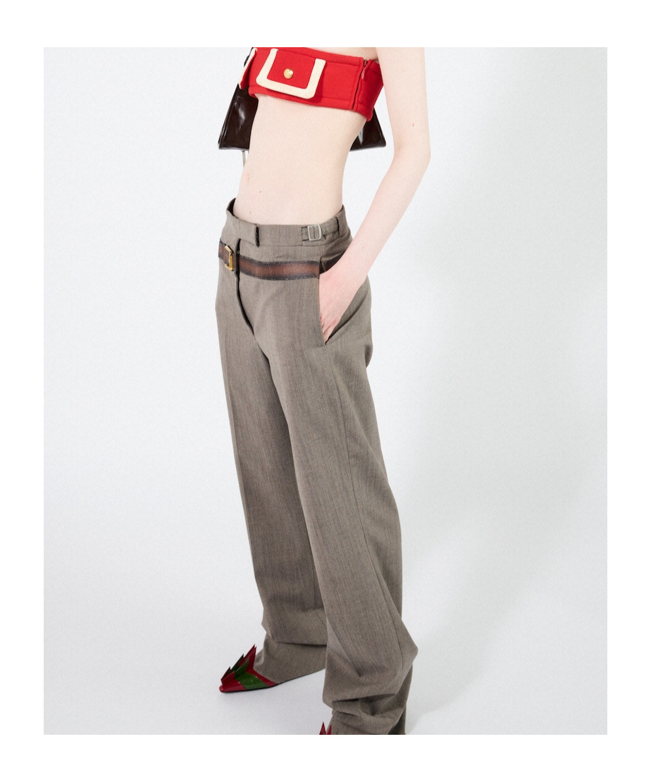 Prada Wool Pants With Printed Belt In Muddy Gray