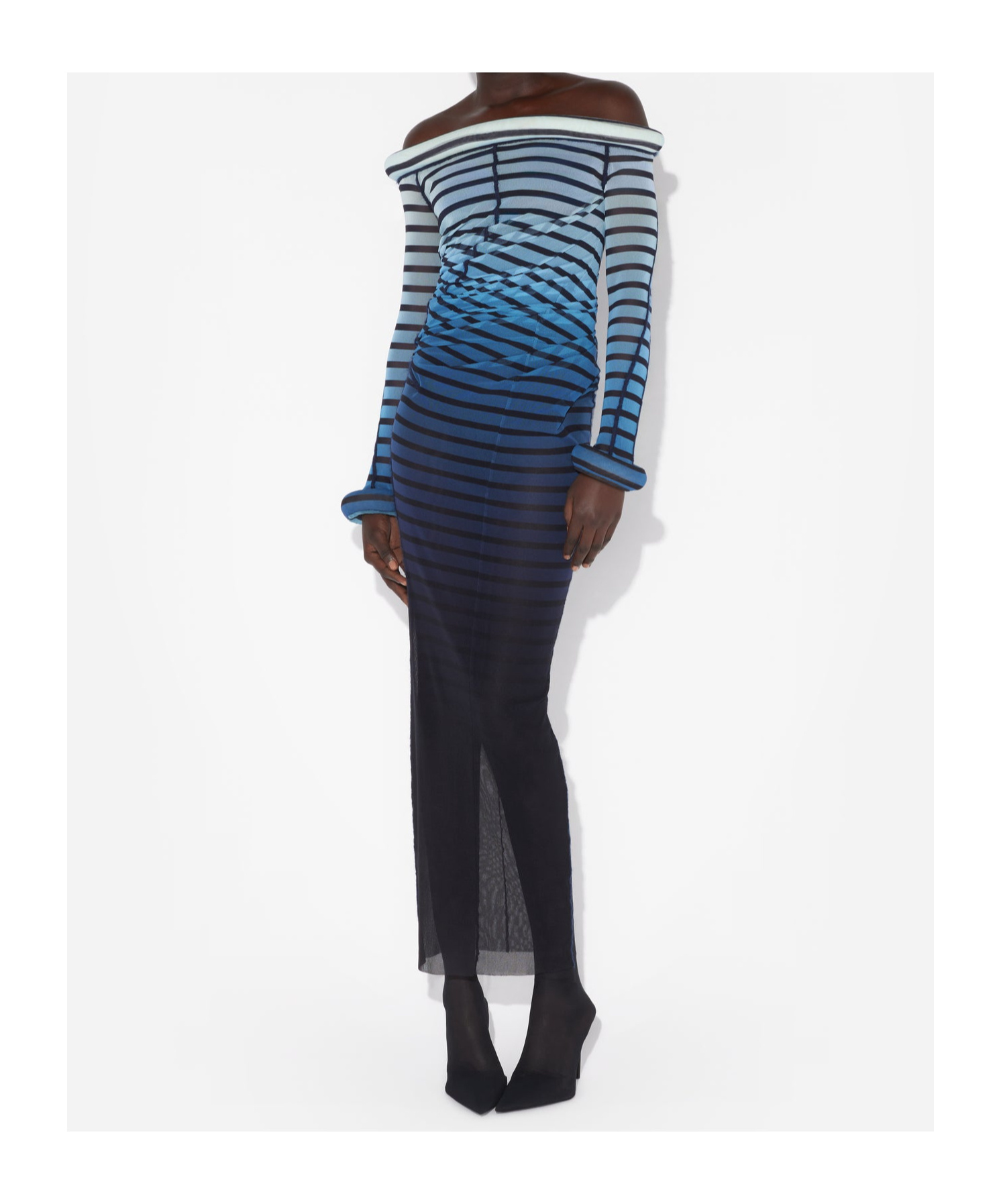 Jean Paul Gaultier Elegant Mesh Boat Neck Long Dress With 3d Collar And Cuff In Black