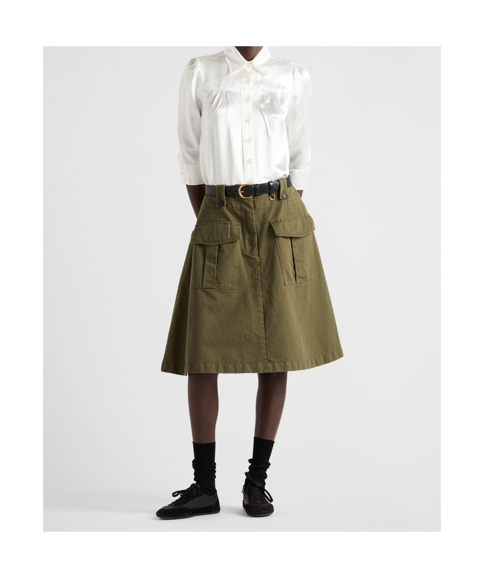 Prada Womens Green Flared Patch-pockets Cotton Cargo Skirt In Military Green