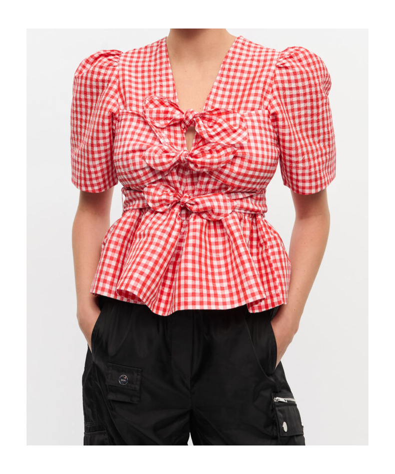 Ganni Red Crinkled Check Taffeta Blouse