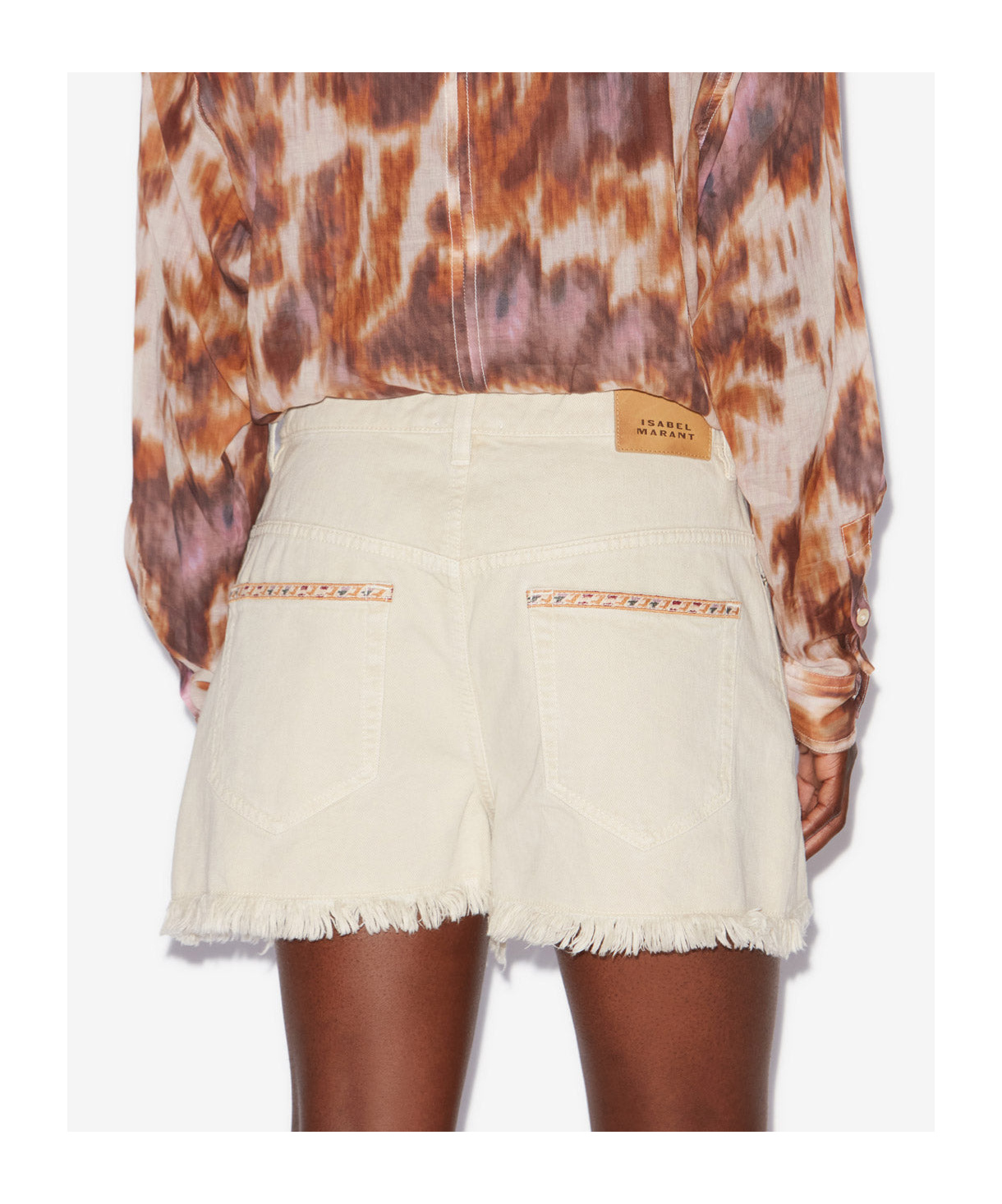 Isabel Marant Étoile Lesia Beige Shorts With Fringed Hem And Embroidered Motif In Denim Woman In Pink