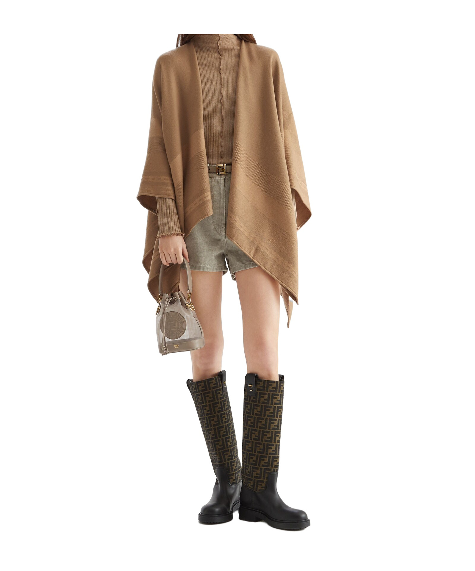 Fendi Women Wool And Cashmere Poncho With Jacquard Manufacturing In Brown