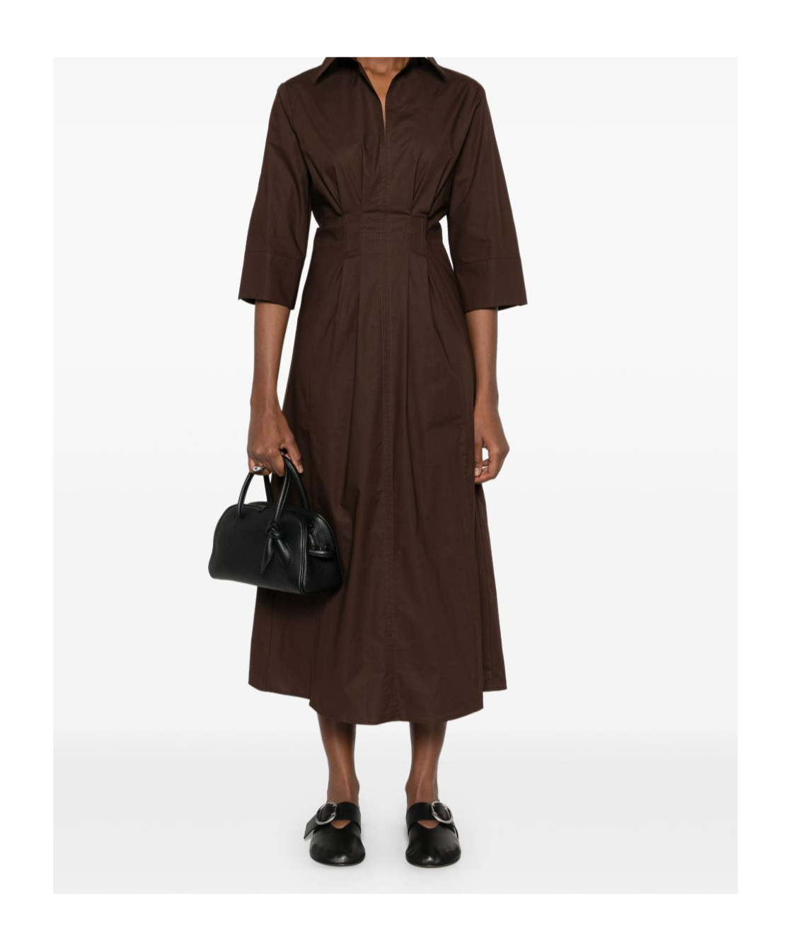 Seventy Chocolate Brown Popelin Dress With Pleat Detailing And Side Slits In Black