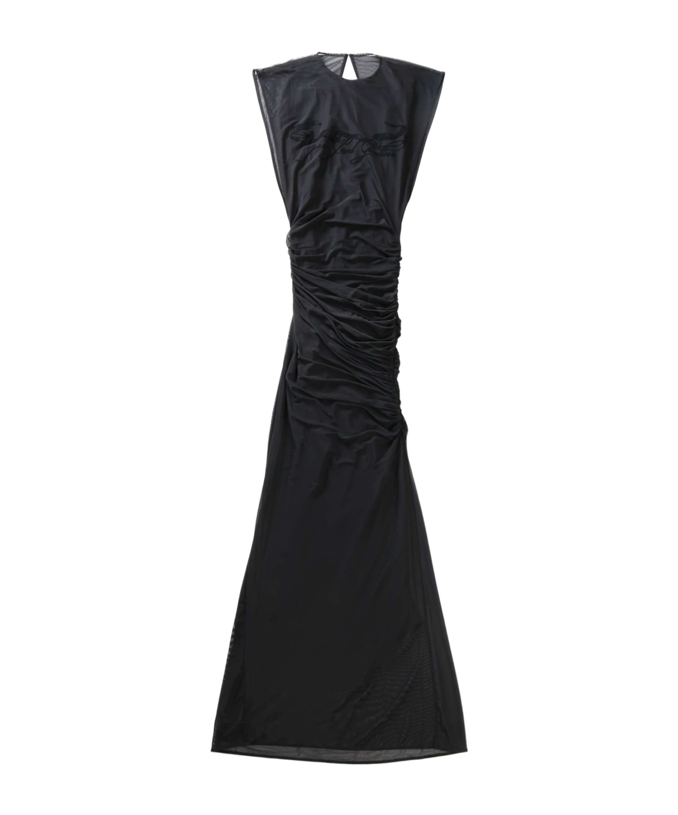 Jean Paul Gaultier Flock 'tattoo Ruban' Open Back Mesh Sleeveless Dress In Black
