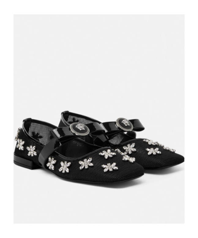 Versace 20mm Net & Crystals Ballerina Flats In Black