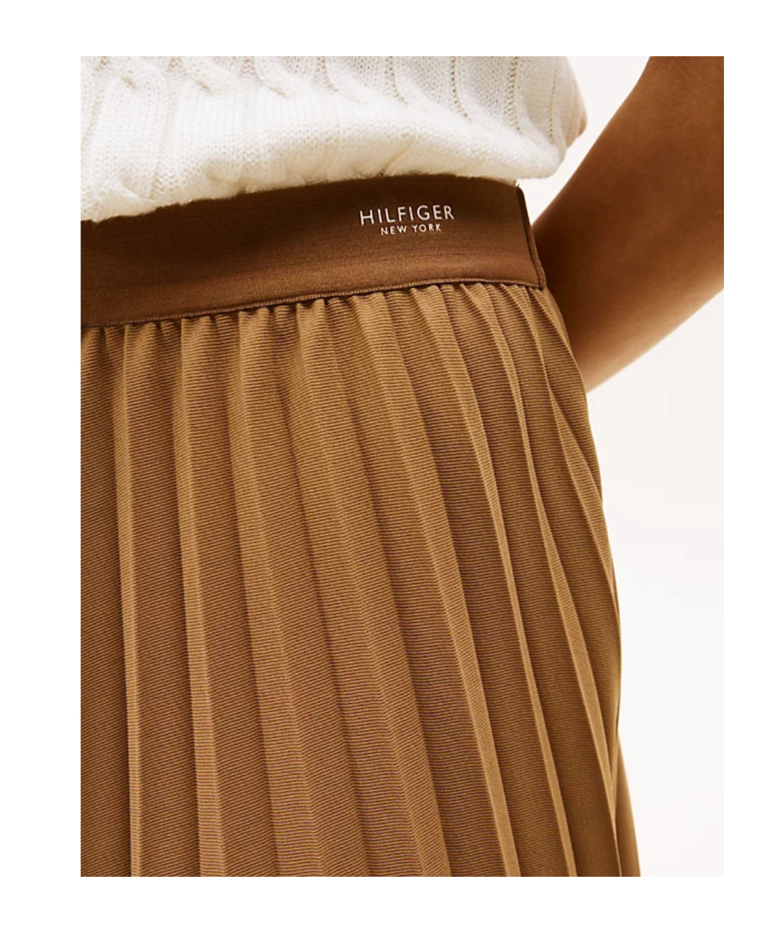 Tommy Hilfiger Logo Waistband Pleated Midi Skirt In Brown