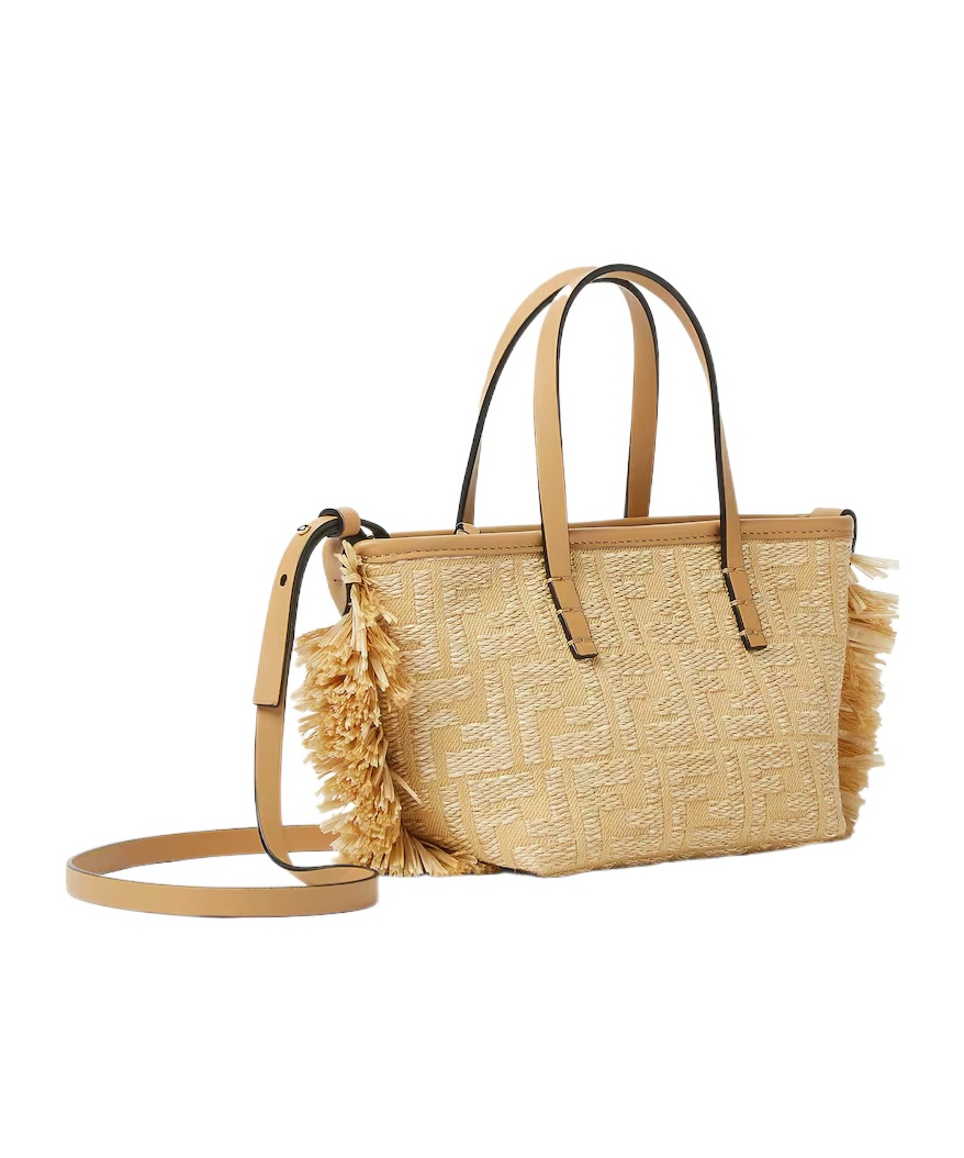 Fendi Borsa A Mano Roll Mini In Rafia Ricamata  Donna In Light Brown