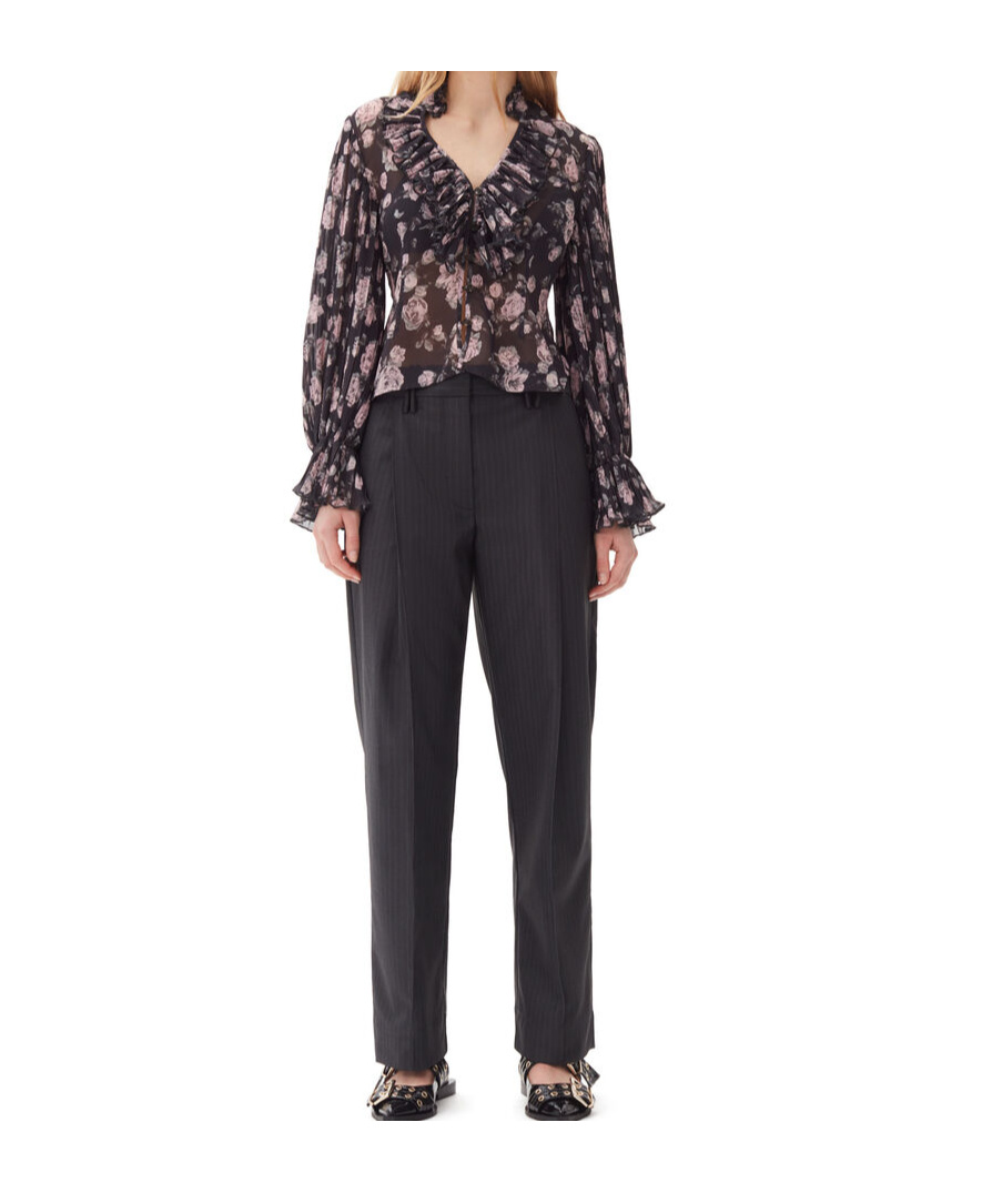 Ganni Pleated Pinstripe Trousers In Black