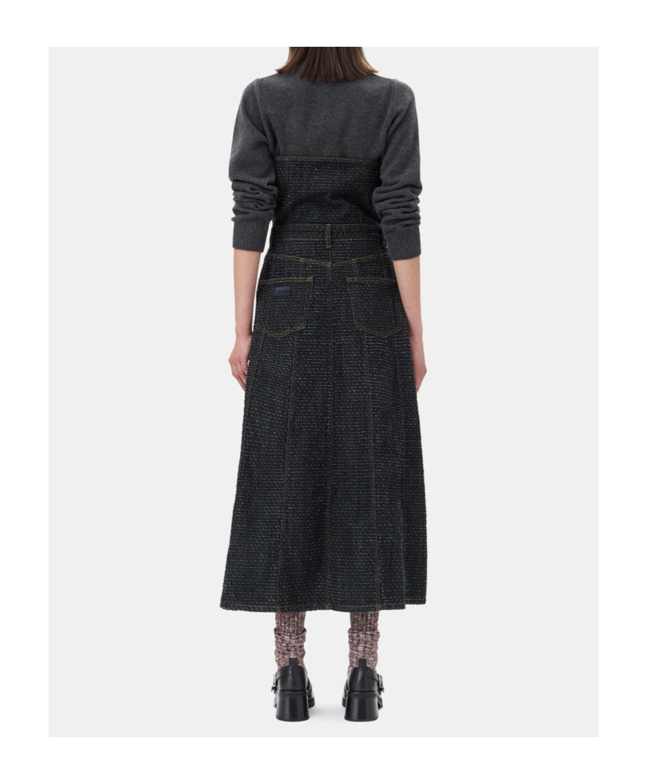 Ganni Black Fluffy Denim Corsage Maxi Dress In Black