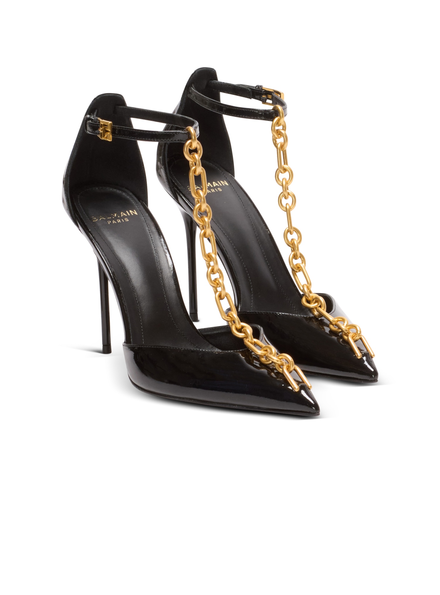 Balmain Sync Patent Leather Chain T-strap Pumps